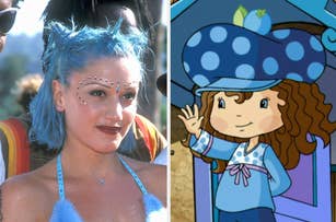 Gwen Stefani with blue hair and Blueberry Muffin from "Strawberry Shortcake."
