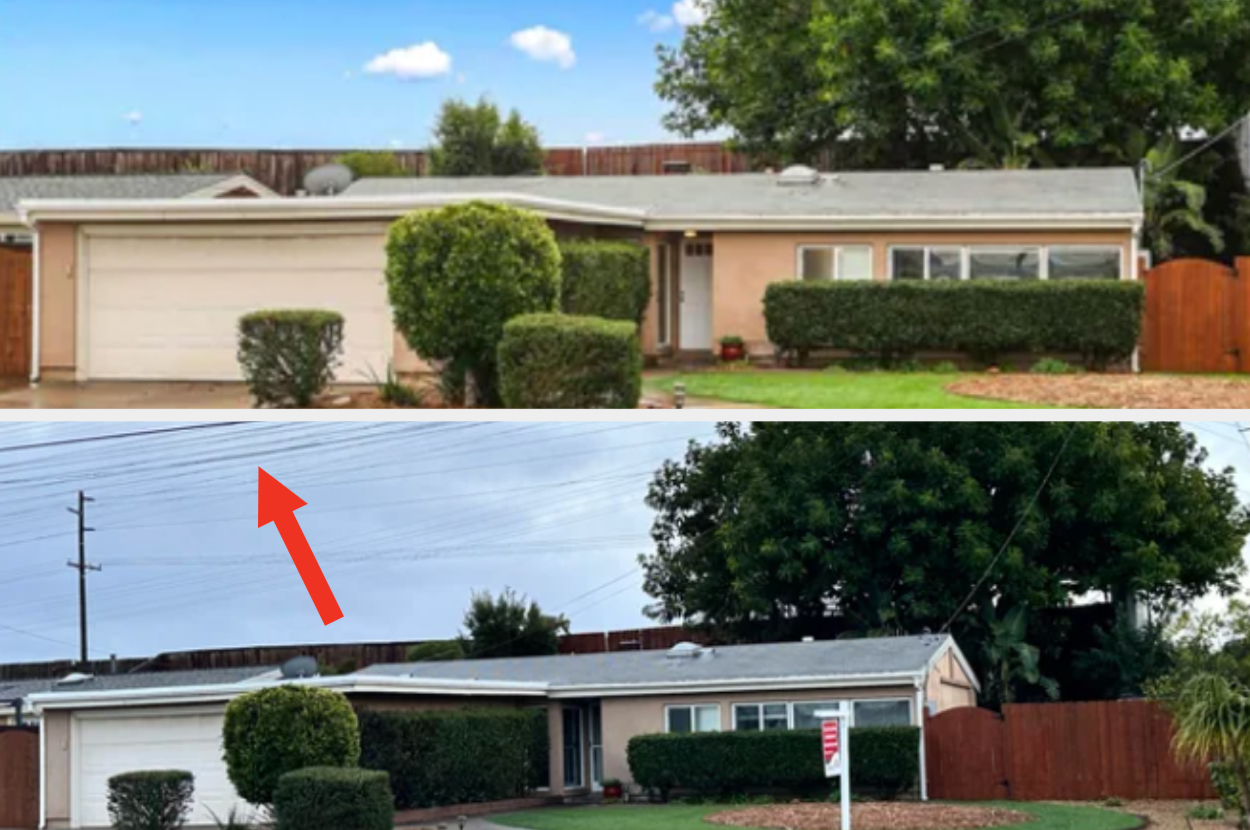 Top image of a house during daytime. Bottom image with a red arrow pointing at roof, indicating something not visible at first