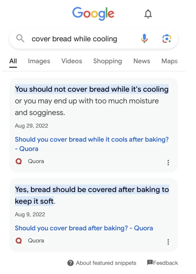 Screenshot of a Google search result page with queries about whether to cover bread while it&#x27;s cooling after baking