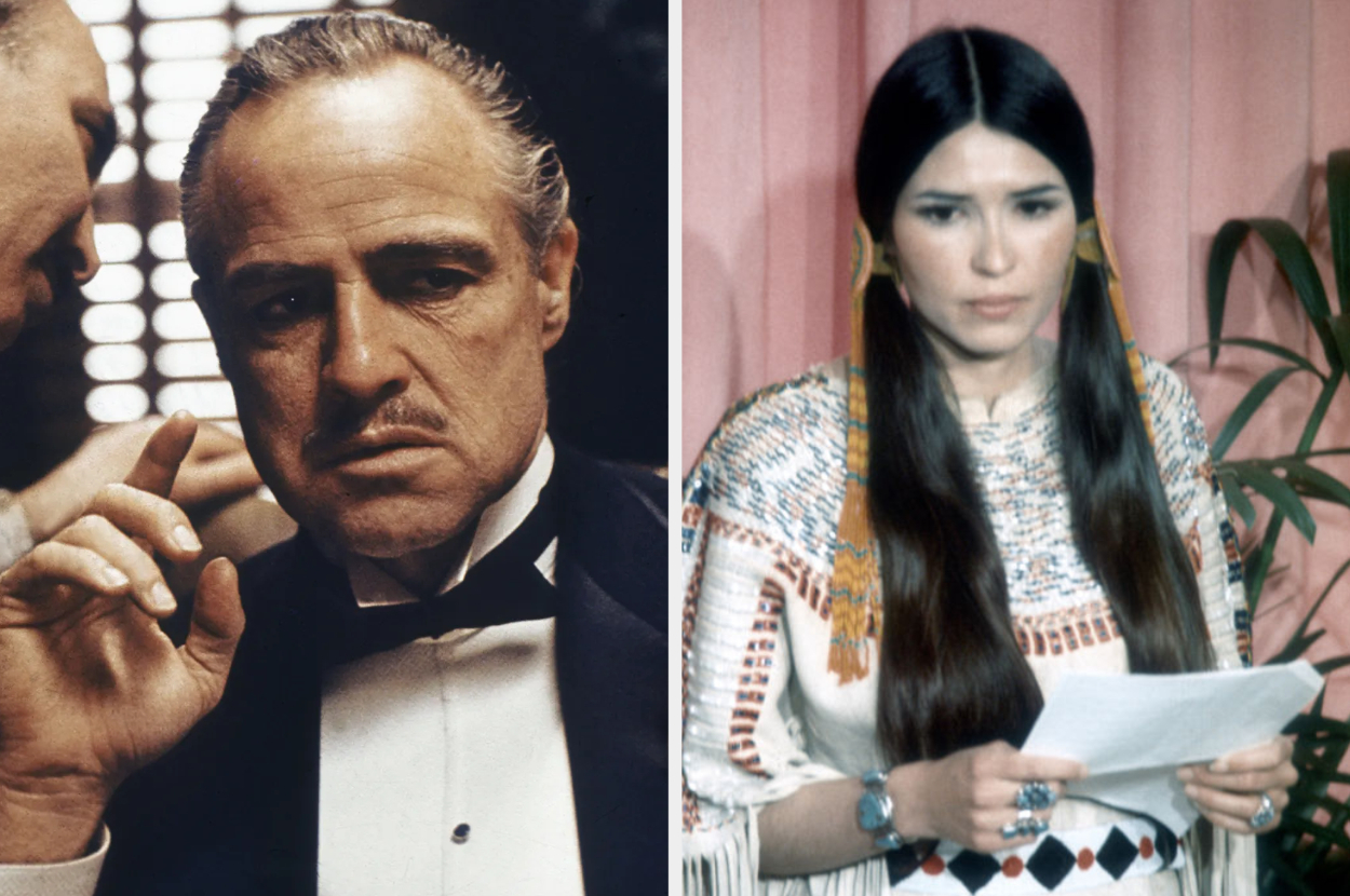 Marlon Brando as Vito Corleone in a suit and Sacheen Littlefeather in traditional attire holding a paper