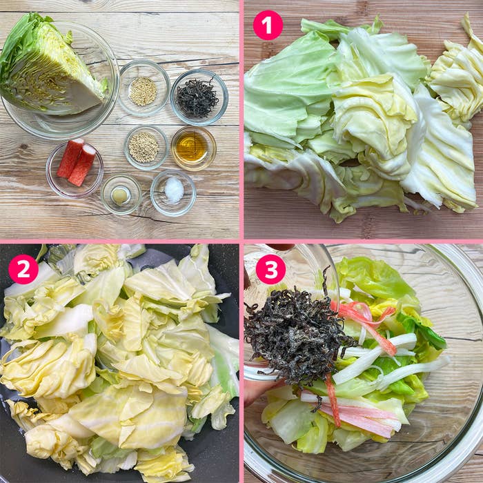 四つの画像に分かれていて、キャベツのサラダを作る手順を示しています。
