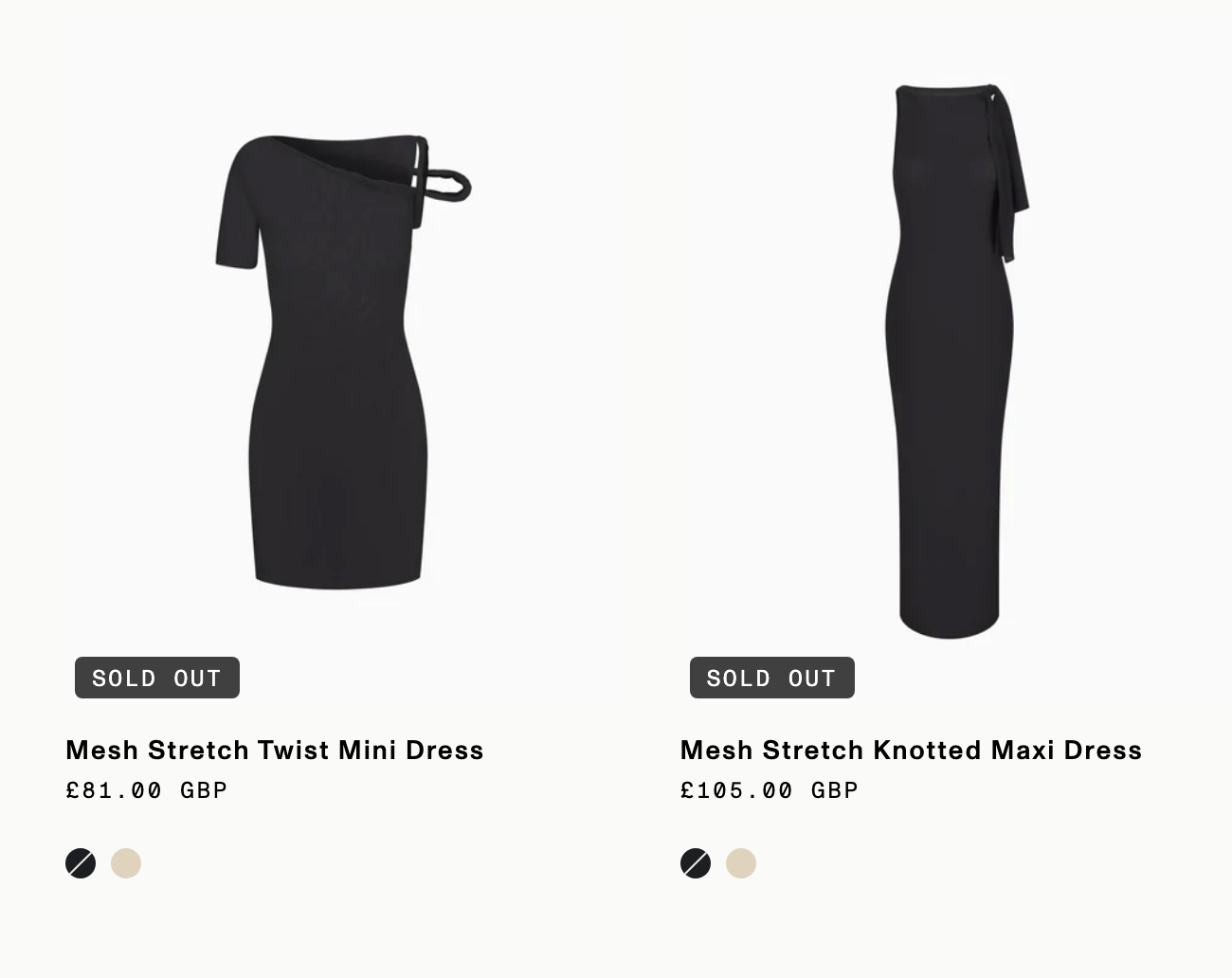 Two black dresses on display, one mini and one maxi, both currently sold out