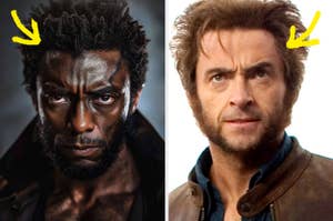 Hugh Jackman in a brown jacket as Wolverine on the right and an unidentified male character on the left