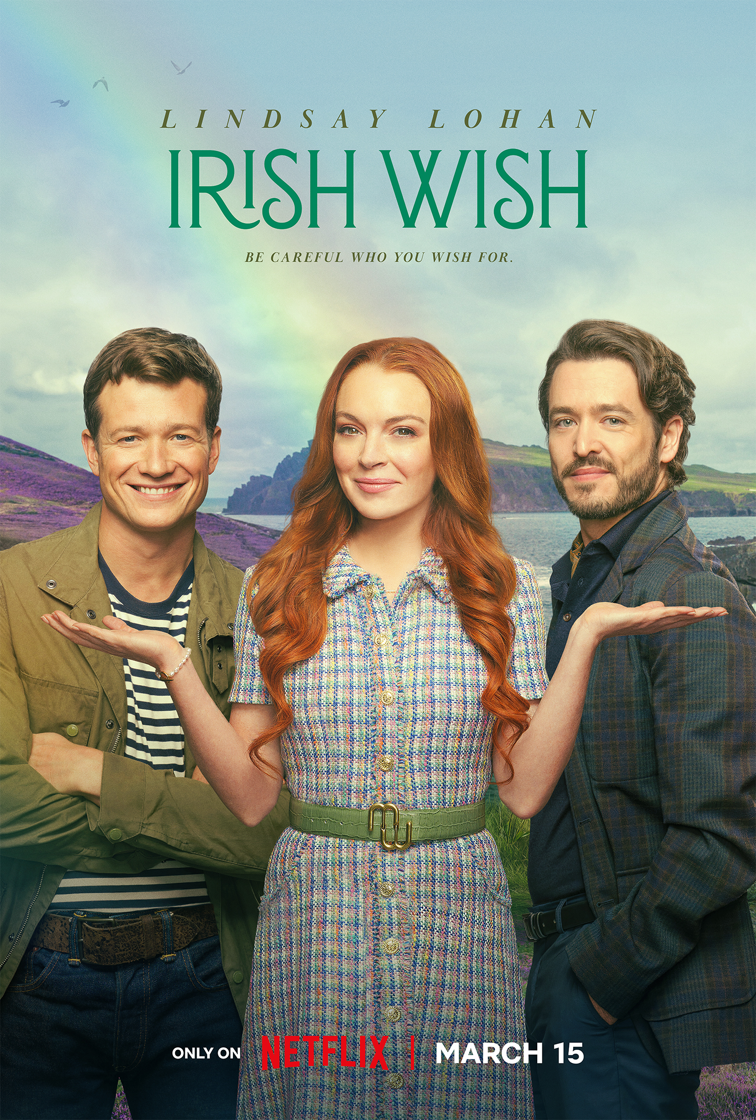 Movie poster for &quot;Irish Wish&quot; showing three smiling actors, with text announcing its Netflix release on March 15