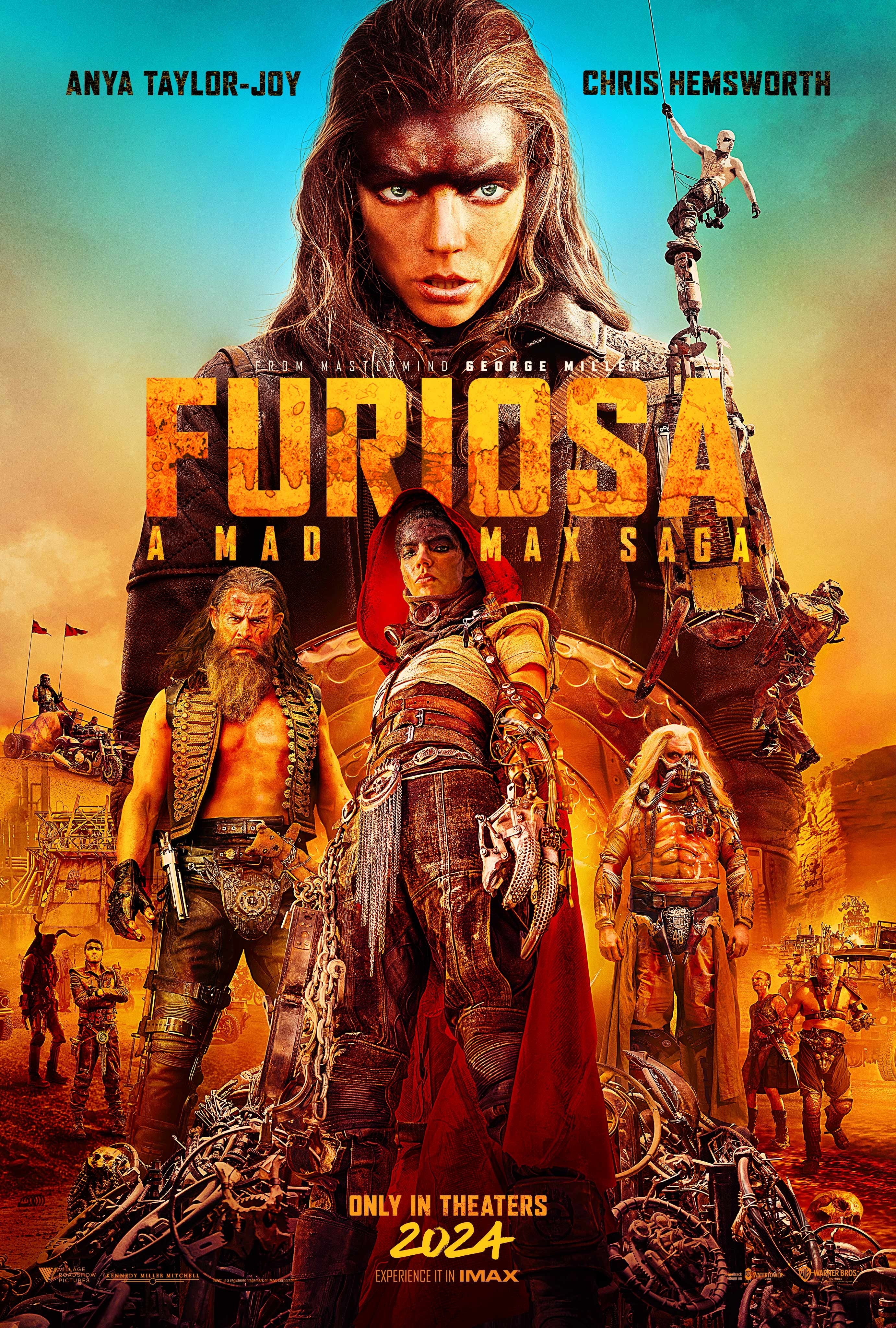Movie poster for &quot;Furiosa&quot; featuring Anya Taylor-Joy and Chris Hemsworth, with a dystopian backdrop. Coming to theaters in 2024
