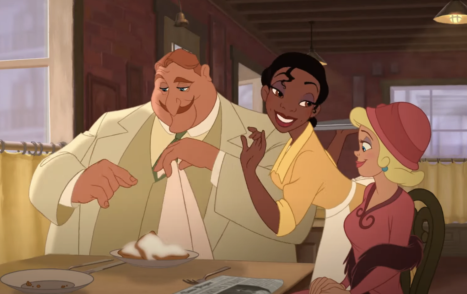 Animated characters, a man and Tiana from &quot;The Princess and the Frog,&quot; in a cozy diner setting with a pie on the table