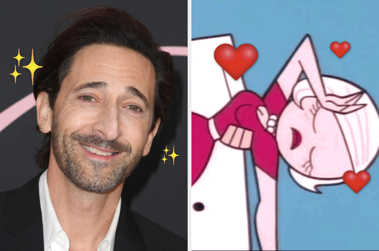 Two images: Left shows Adrien Brody in a black suit, right is animated character Dee Dee from Dexter&#x27;s Laboratory hugging a lab bottle