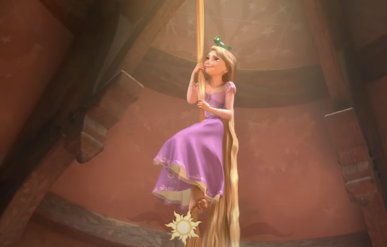 Rapunzel from Tangled sits in a tower, her long hair cascading down as she looks thoughtful