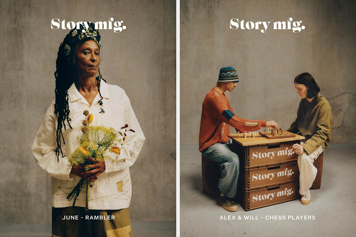 Two promotional images. Left: June holding flowers. Right: Alex & Will playing chess. "Story mig" branding