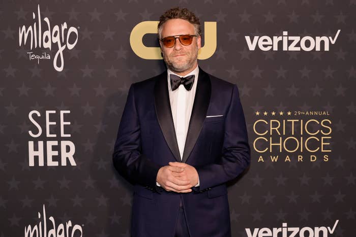 Seth Rogen in a tuxedo poses at the Critics Choice Awards