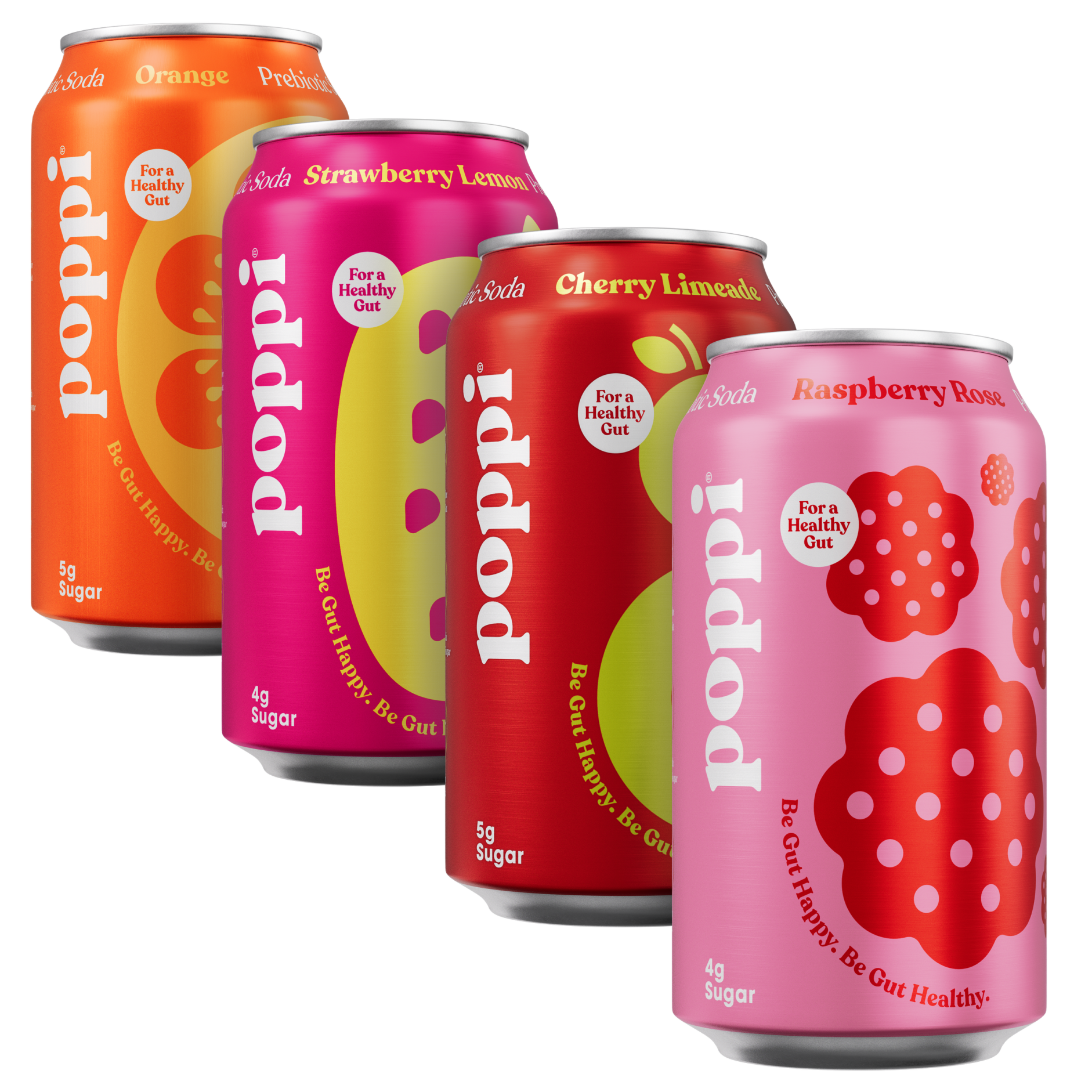 Four cans of Poppi prebiotic soda in assorted flavors