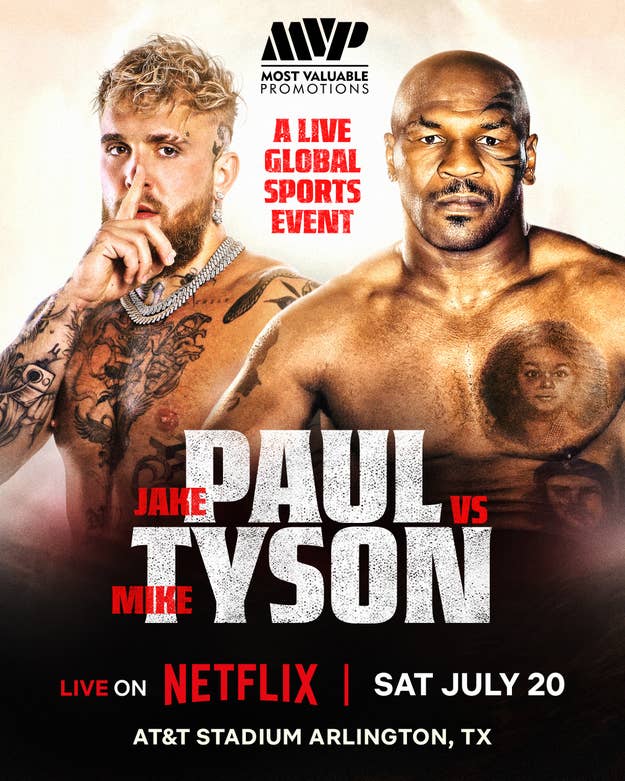 Boxers Jake Paul and Mike Tyson face off in a promotional poster for a live boxing event