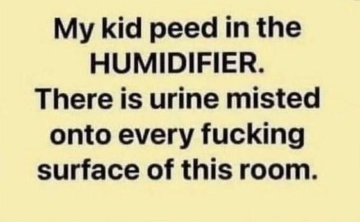 A social media post about a child urinating in a humidifier with a humorous comment on birth control