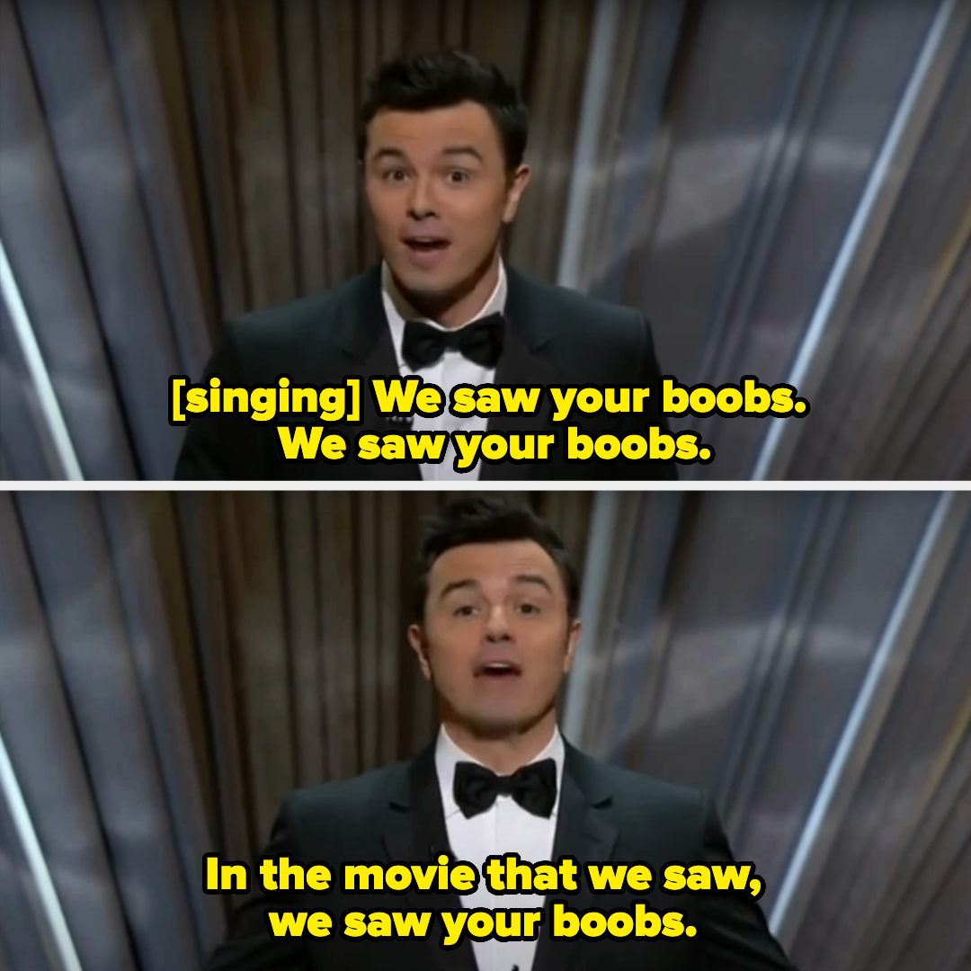 Seth MacFarlane performs at an event wearing a formal suit and bow tie; text overlays reference a comedic song