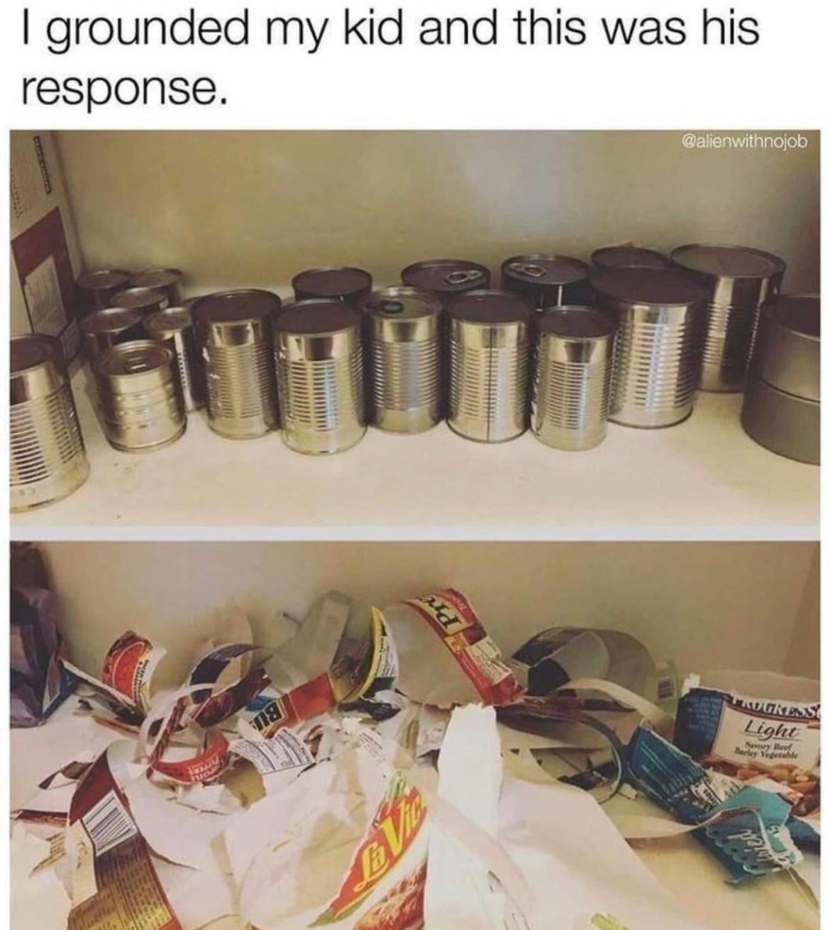 Shelf with overturned cans and scattered wrappers, joke on child&#x27;s humorous reaction to being grounded