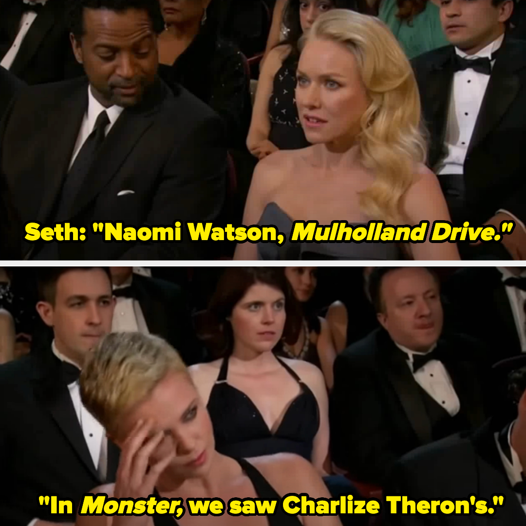 Naomi Watson&#x27;s face falls as her name is sung, and Charlize Theron covers her face and looks down