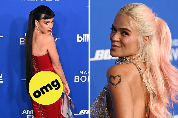 Split image of Katy Perry and Karol G at an event Katy in a dress with a high ponytail and Karol G in a long dress and ponytail