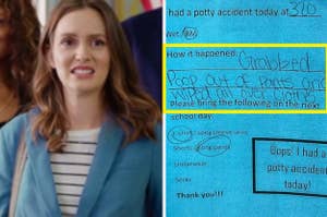 Woman looks shocked next to a note detailing a child's potty accident and clothing needed