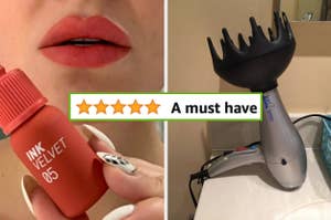 Close-up of reviwer's lips wearing red lipstick with a hand holding a lip product, a review rating, and a blow dryer with diffuser attachment plugged in a socket