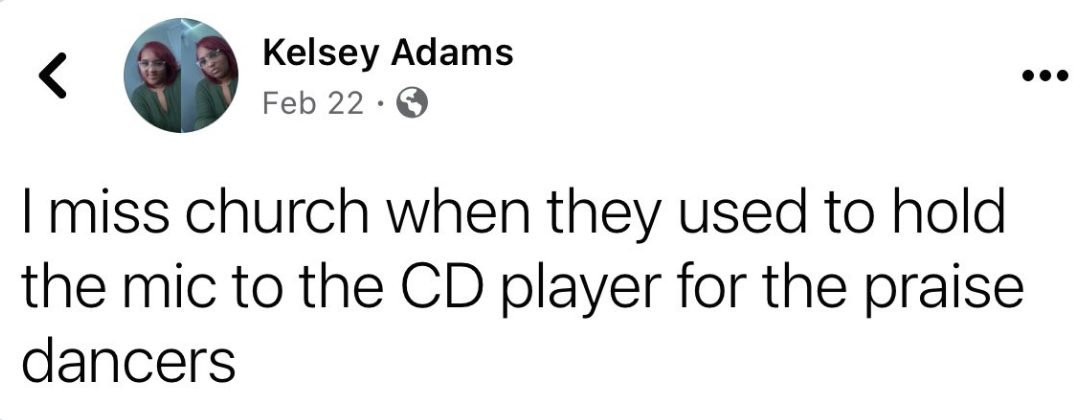 Screen capture of Kelsey Adams&#x27; post reminiscing about using a microphone and CD player during church dances