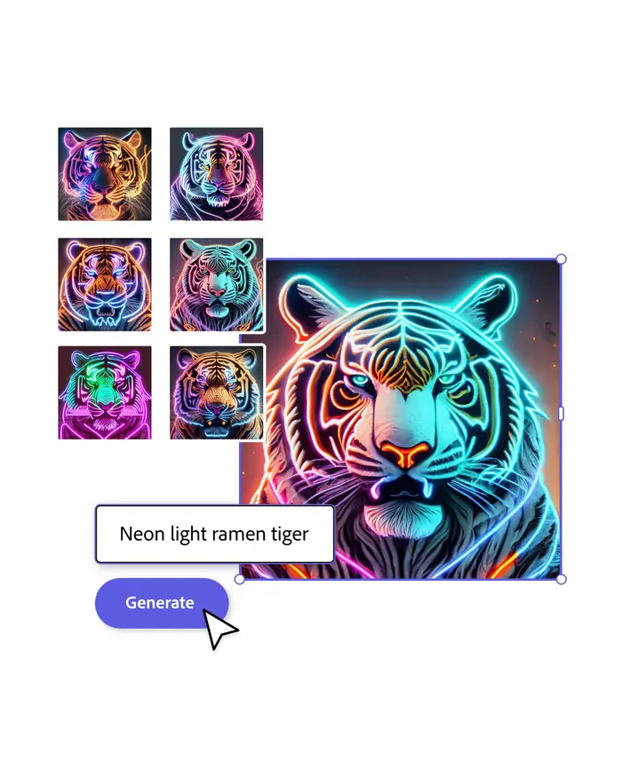 A digital art piece themed &#x27;Neon light ramen tiger&#x27; with various colorful tiger portraits and a large centered tiger face