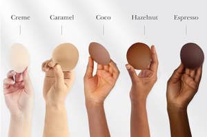 Five hands holding silicone pasties matching diverse skin tones, labeled from Creme to Espresso