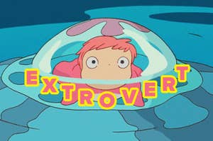 Illustration of Ponyo, a character from the animated film, trapped in a bubble with the word "EXTROVERT" overlaying