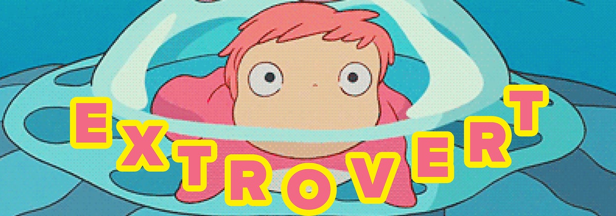 Illustration of Ponyo, a character from the animated film, trapped in a bubble with the word "EXTROVERT" overlaying