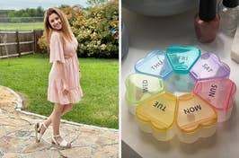 reviewer in a dress and rainbow color pill case