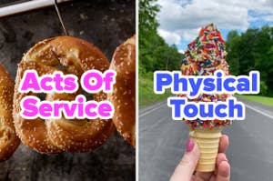 Left: Pretzels hanging on a hook. Right: Hand holding a sprinkled ice cream cone. Text: "Acts Of Service," "Physical Touch."