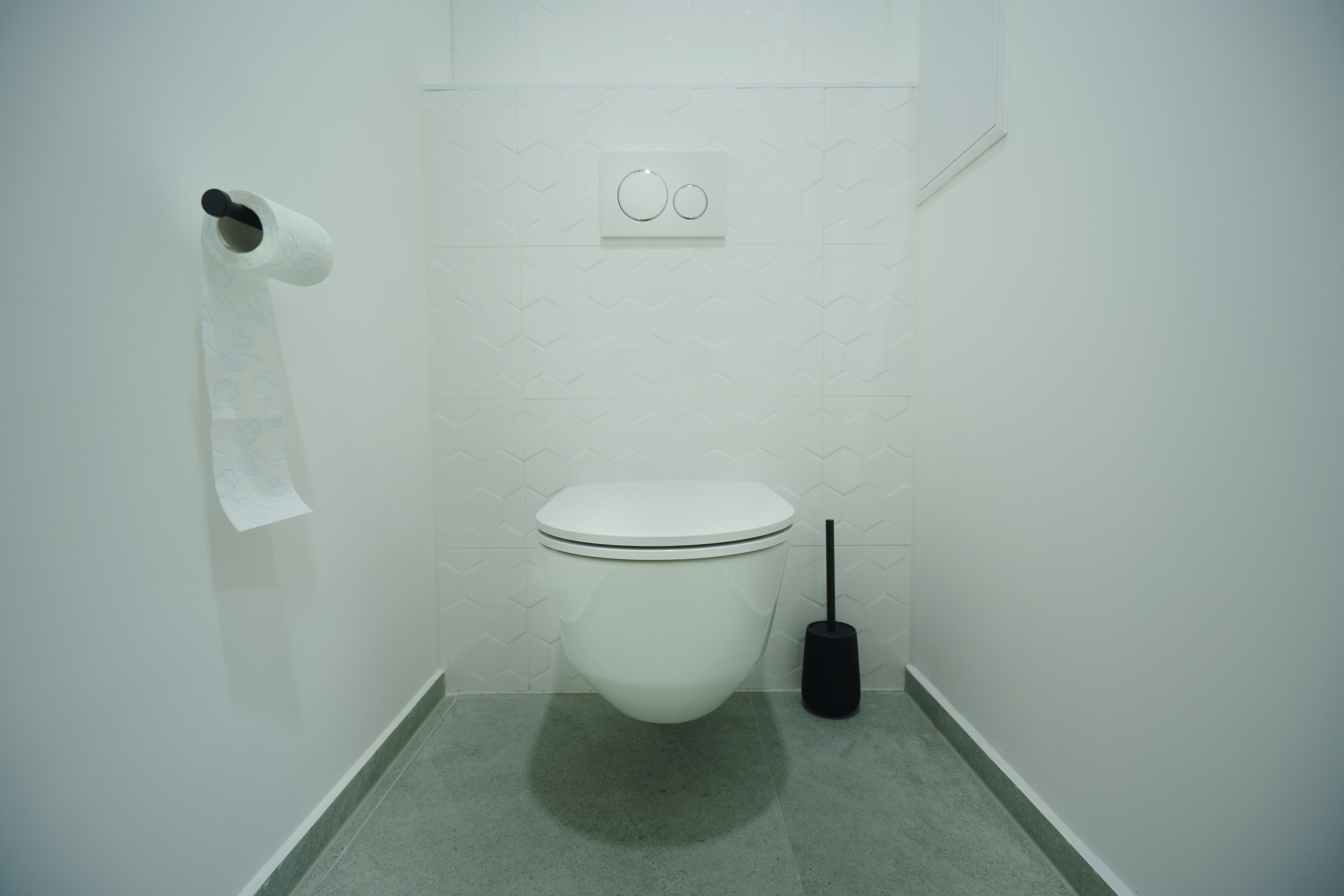 A modern toilet with a wall-mounted paper roll and a brush cleaner on the side