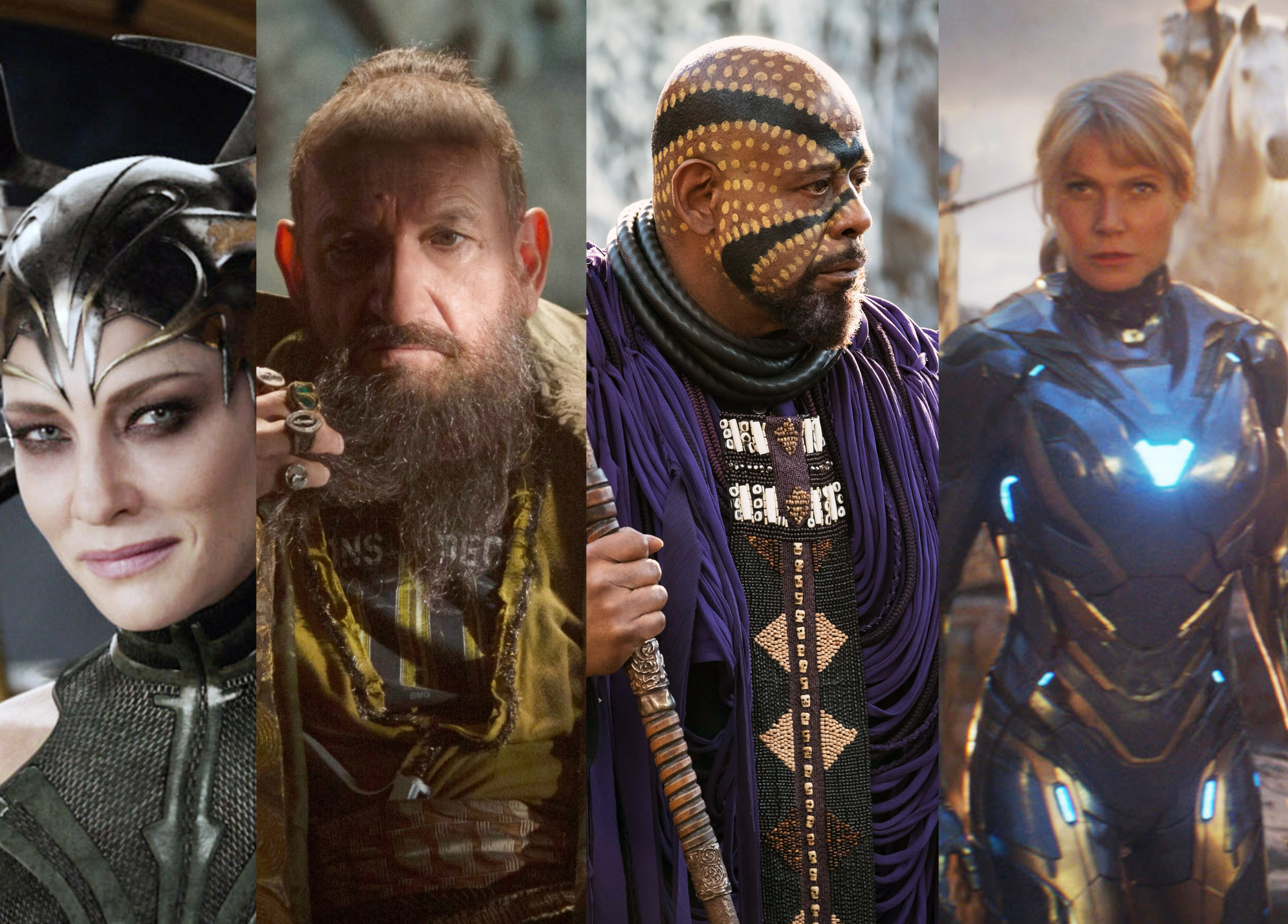 Four MCU film characters from left to right: Hela, Trevor Slattery, Zuri, and Pepper Potts