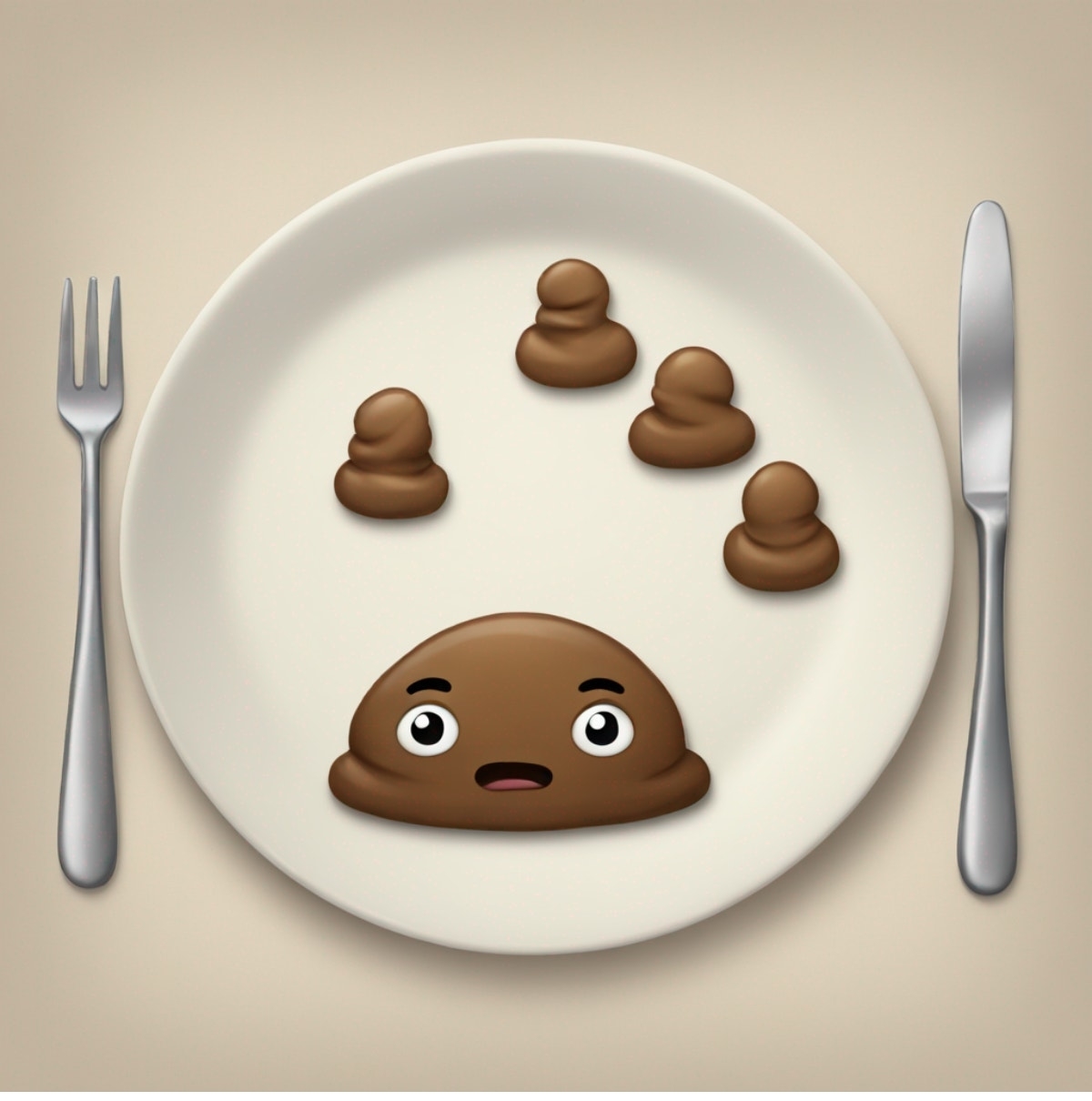A plate with emoji-style poop figures, one with a face, between a fork and knife