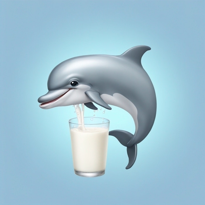 Illustration of a smiling dolphin pouring milk from its beak into a glass