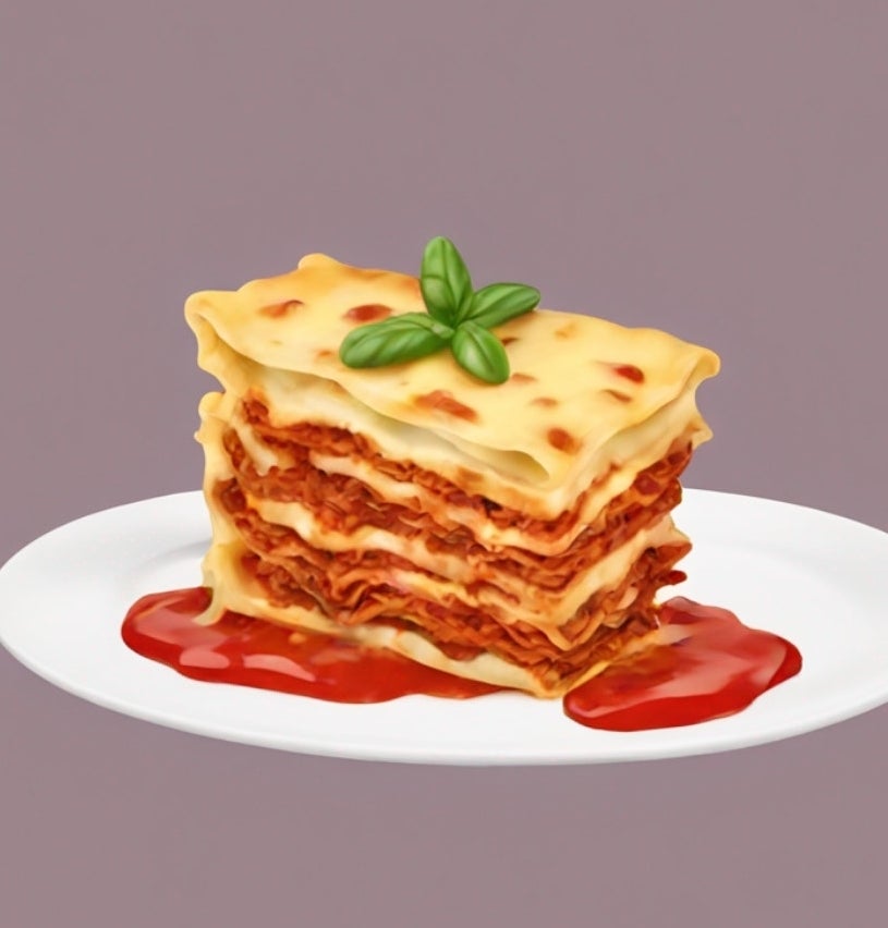 Illustration of a stacked lasagna with sauce on a plate garnished with basil