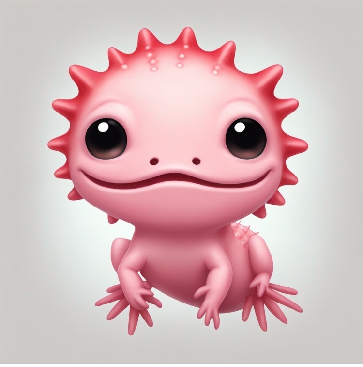 Illustration of a cute, smiling axolotl with a simple gray background