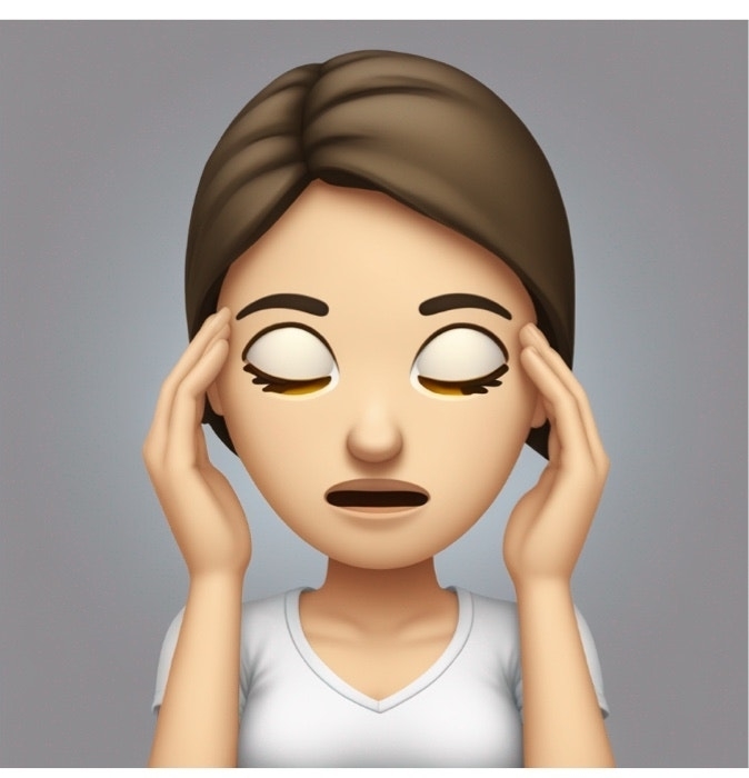 Emoji of a person with a pained expression, holding their head as if experiencing a headache
