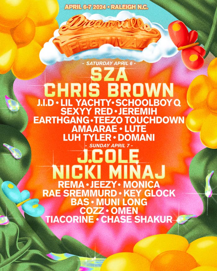 Event poster for Dreamville Music Festival featuring artists like J. Cole, Nicki Minaj, Lil Yachty, and SZA among others