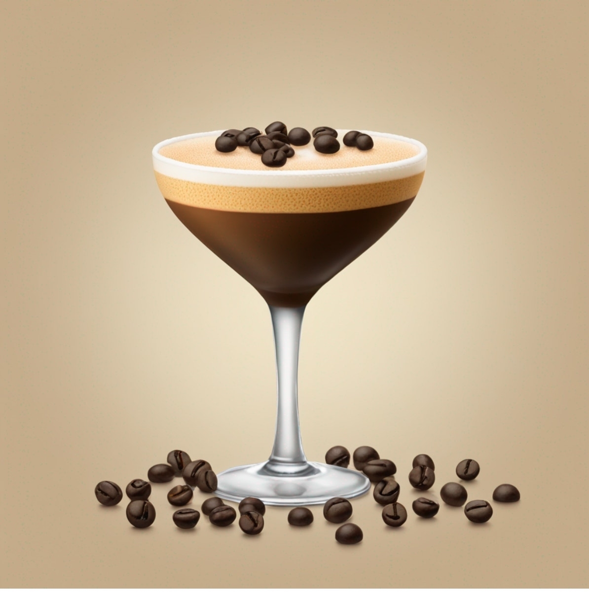 Espresso martini with coffee beans scattered around the base of the glass