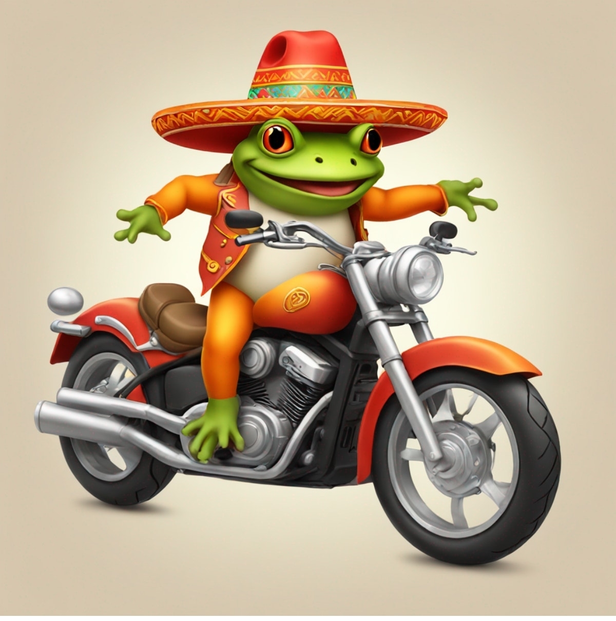 Animated frog character wearing a sombrero, riding a motorcycle
