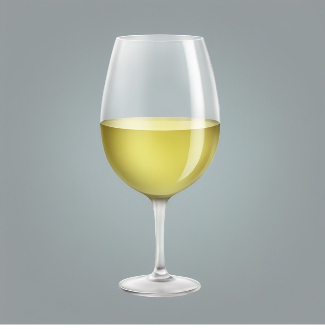 A glass of white wine filled to the midpoint, positioned against a gray background