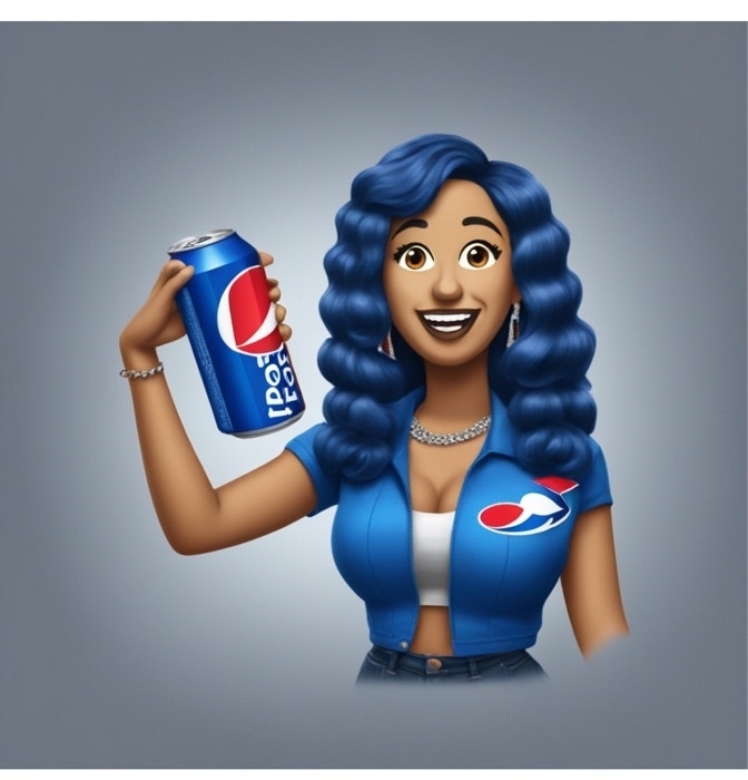 Animated character with blue hair holding a Pepsi can, wearing a shirt with the Pepsi logo
