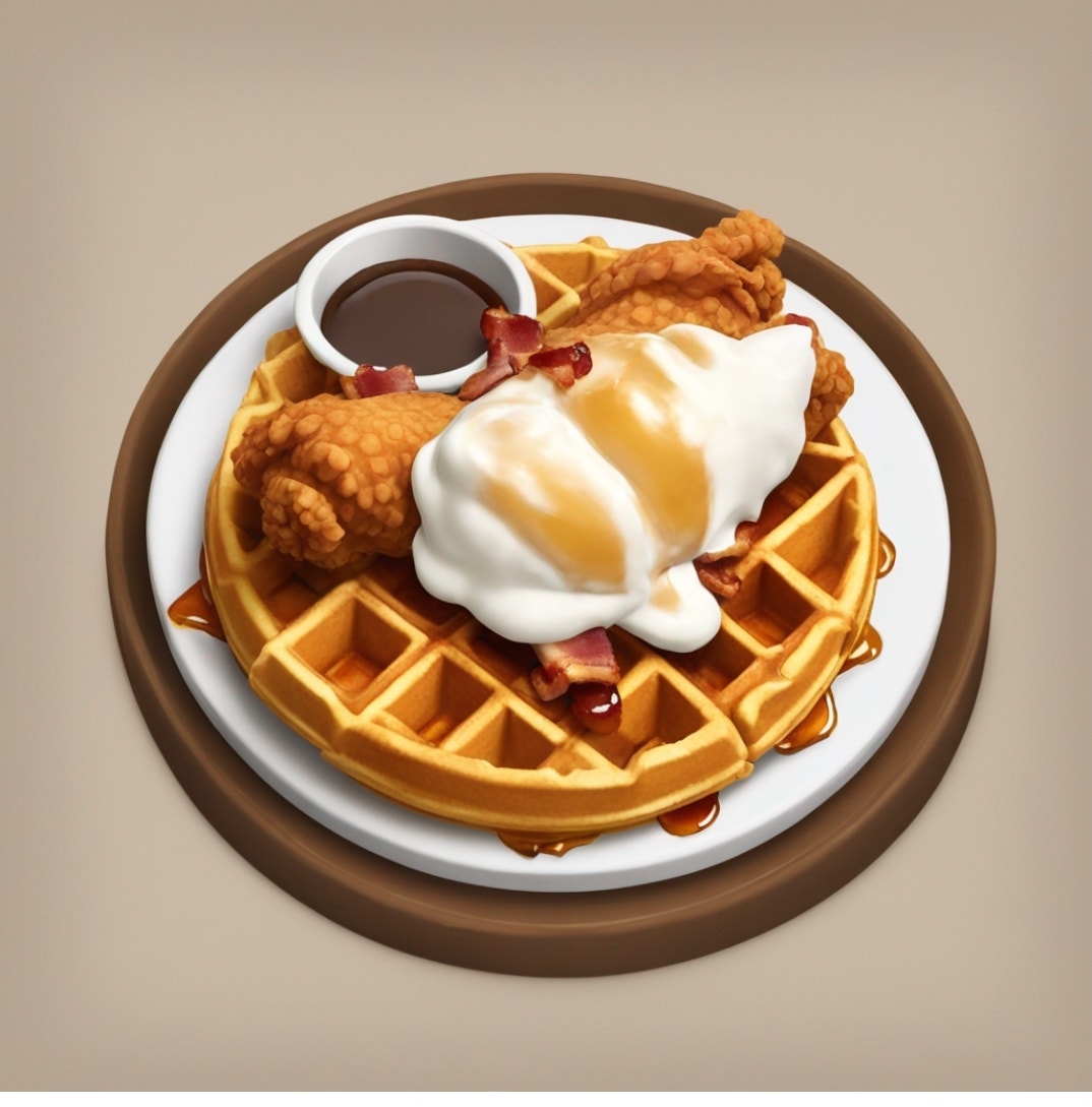 A plate holds waffles, fried chicken, and a scoop of ice cream topped with syrup and a strawberry
