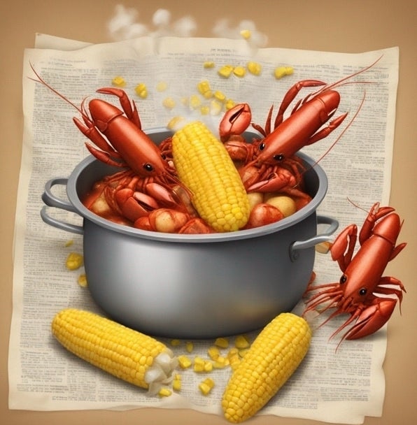 Illustration of lobsters and corn in a pot on newspaper
