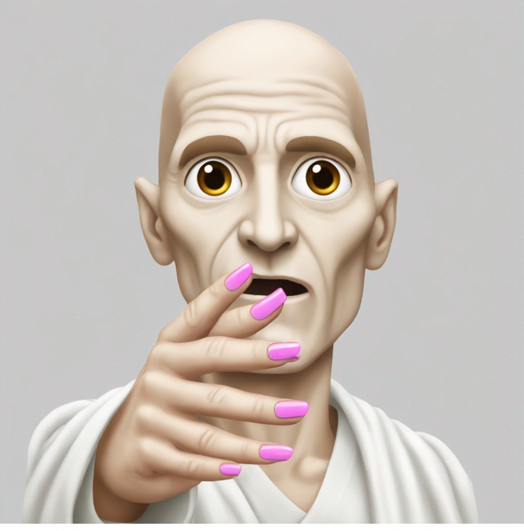 Animated character with surprised expression and pink nails, covering mouth with hand