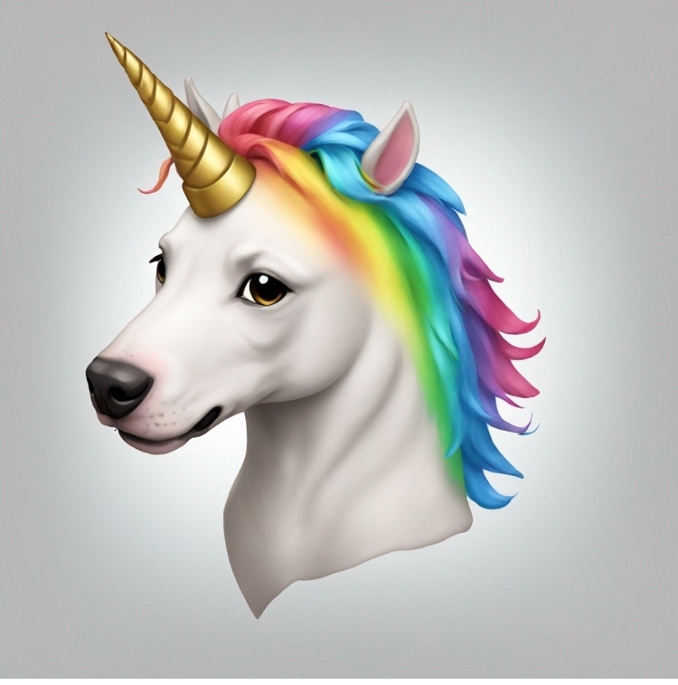 Illustration of a unicorn with a rainbow mane, dog face, and golden horn