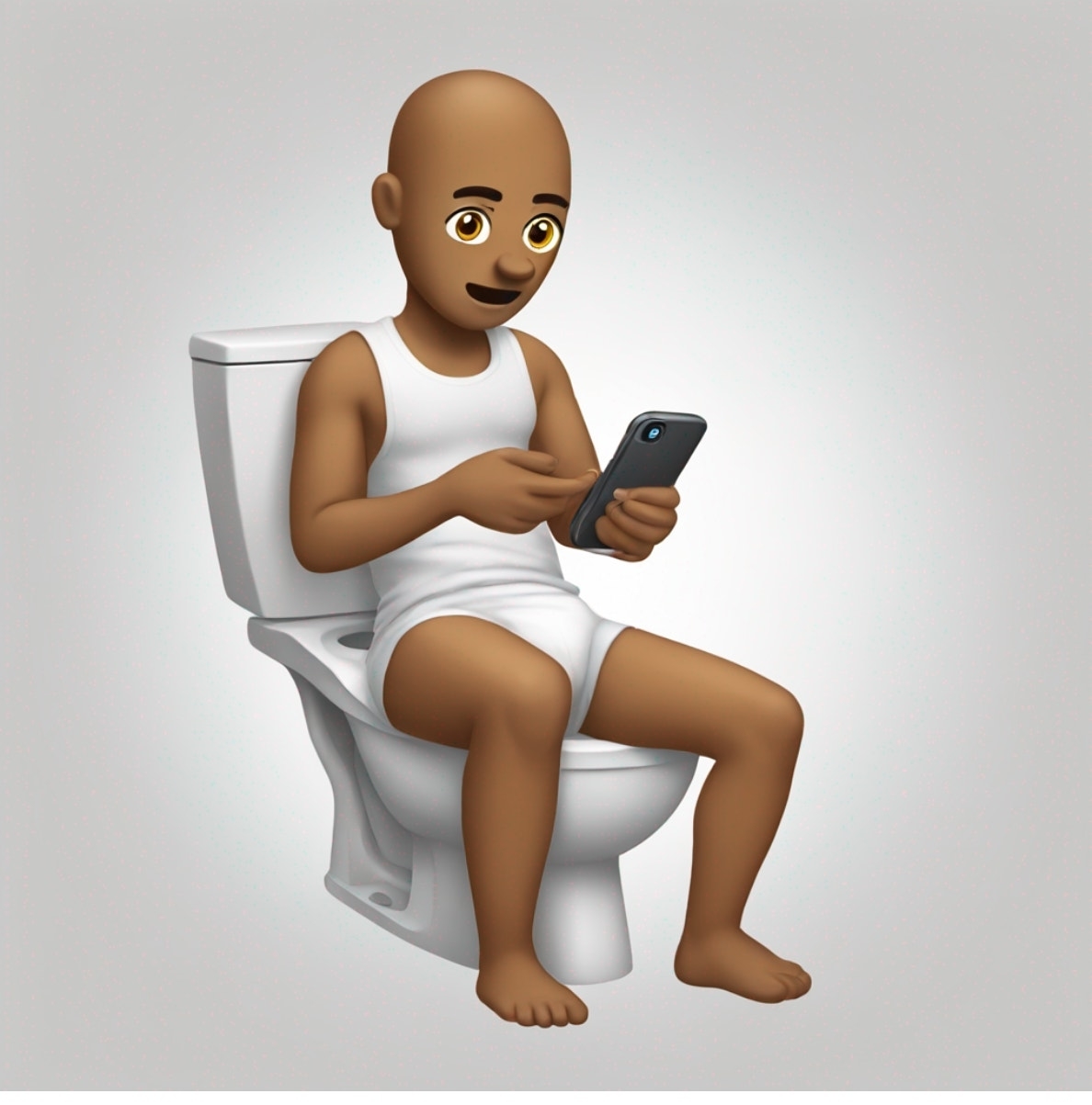 Emoji of a bald person in a tank top using a smartphone while sitting on a toilet