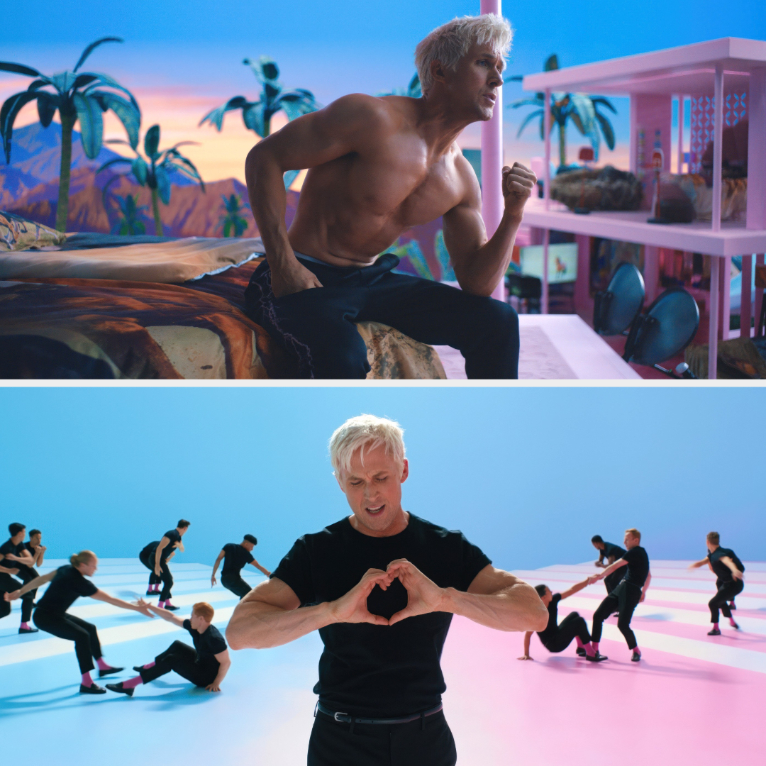 Upper image: A shirtless Ken leaning over while seated. Lower image: Ken makes a heart shape with hands while others dance in the background