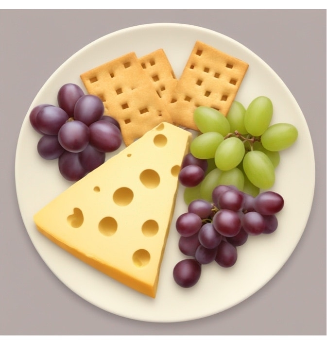 A plate with cheese, crackers, and grapes arranged neatly