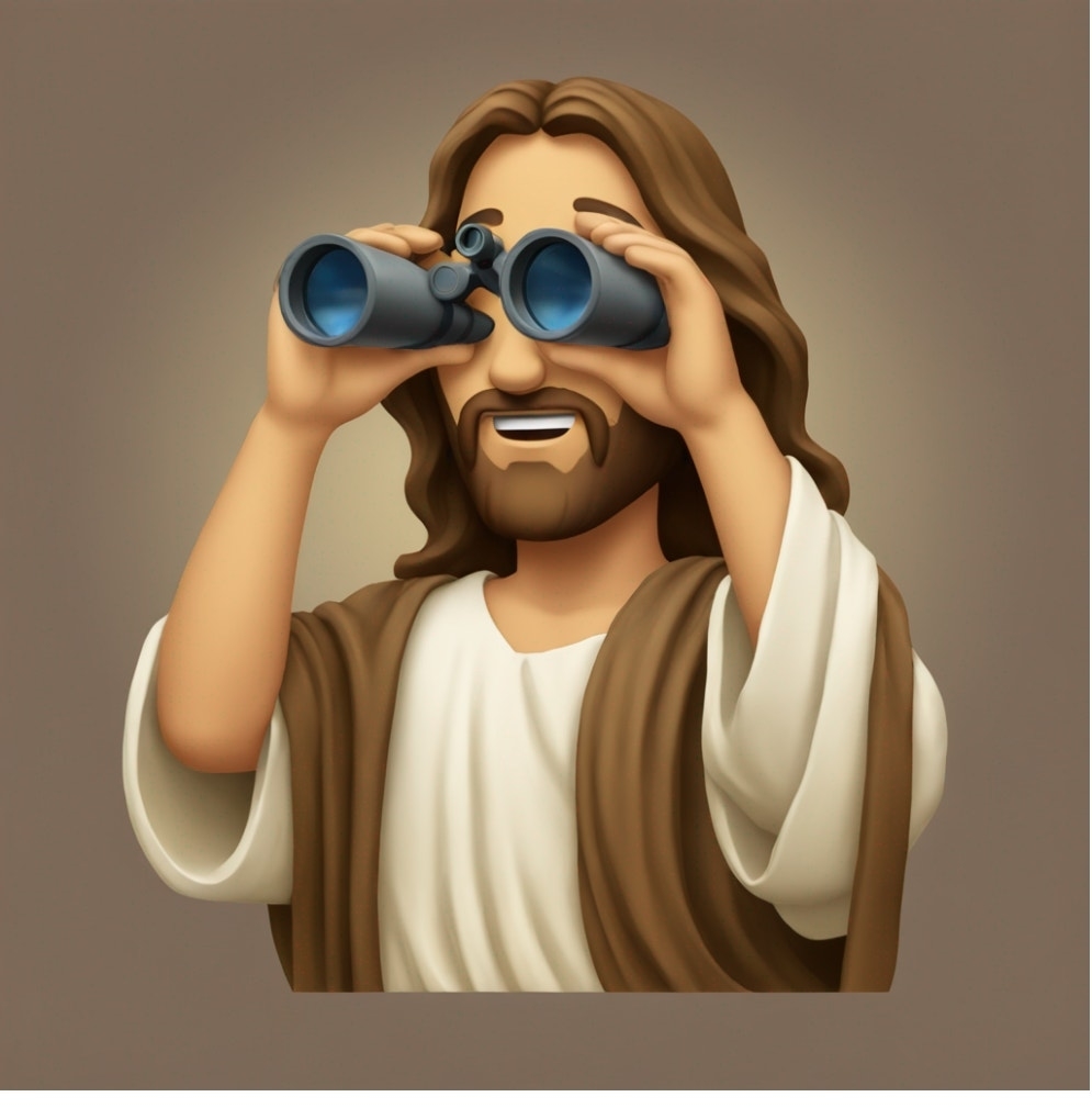 Illustration of Jesus holding binoculars to his eyes